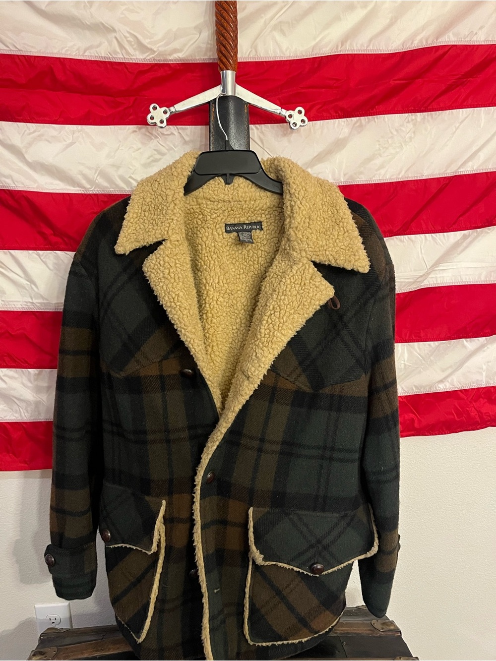 Vintage Banana Republic Dark Green & Brown Plaid Sherpa-Lined Field Coat